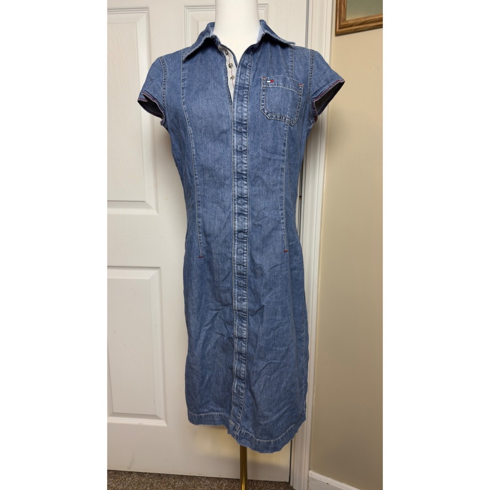 Tommy Hilfiger Jeans Denim Shirt Dress Blue Snap Front Short Sleeve Womens 4